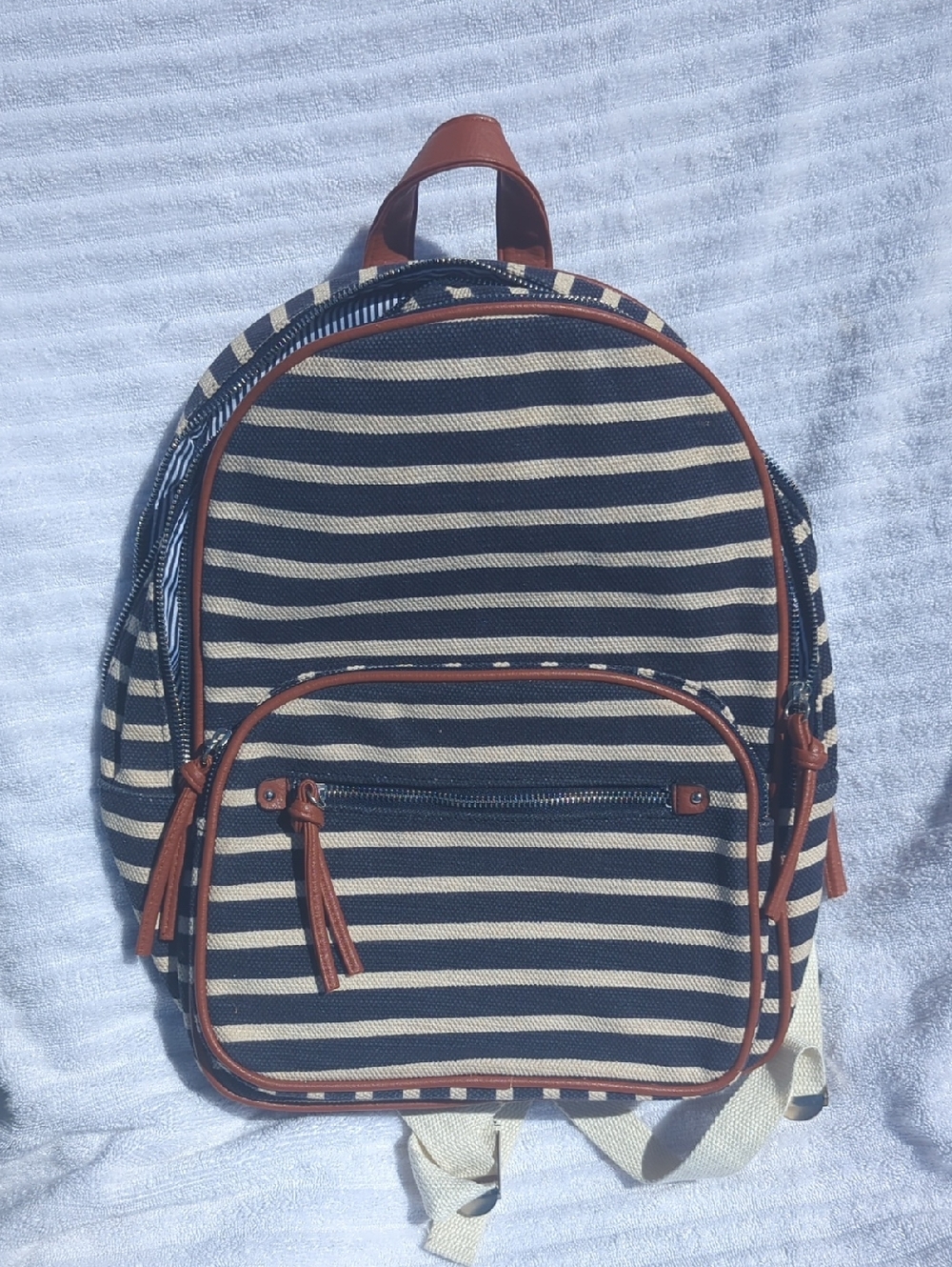 Striped Navy and Cream Backpack with Brown Trim